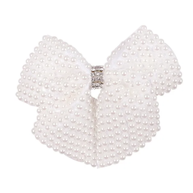 2 Pcs/lot 3.5" White Rhinestone Bow For Girl Kids Cute Pearls Hair Bow