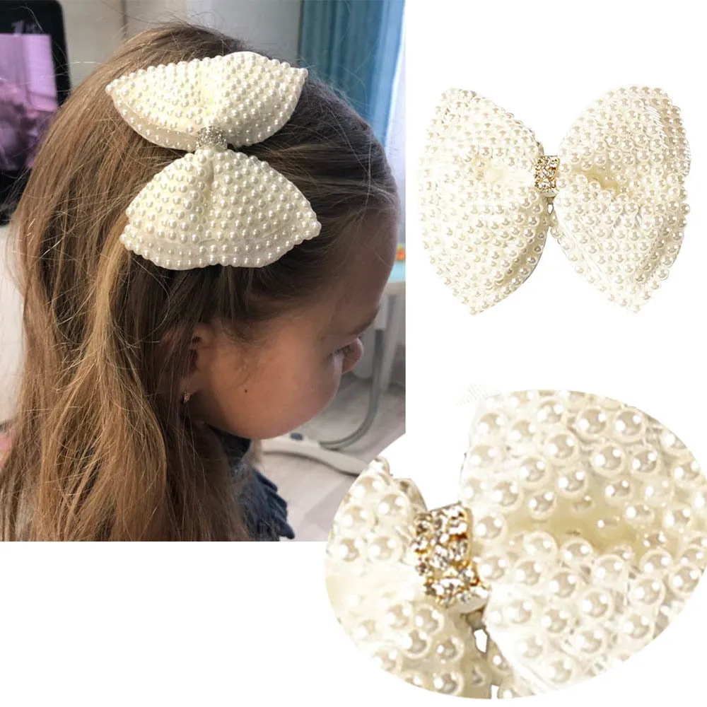 2 Pcs/lot 3.5" White Rhinestone Bow For Girl Kids Cute Pearls Hair Bow