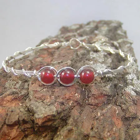 3-Bead Outline Carnelian Beads Sterling Silver Wire Wrapped Bracelet