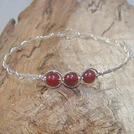 3-Bead Outline Carnelian Beads Sterling Silver Wire Wrapped Bracelet