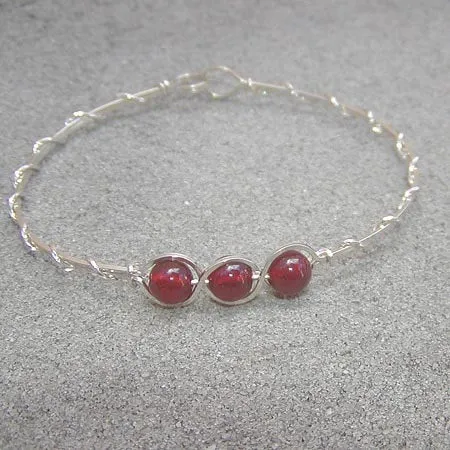 3-Bead Outline Carnelian Beads Sterling Silver Wire Wrapped Bracelet