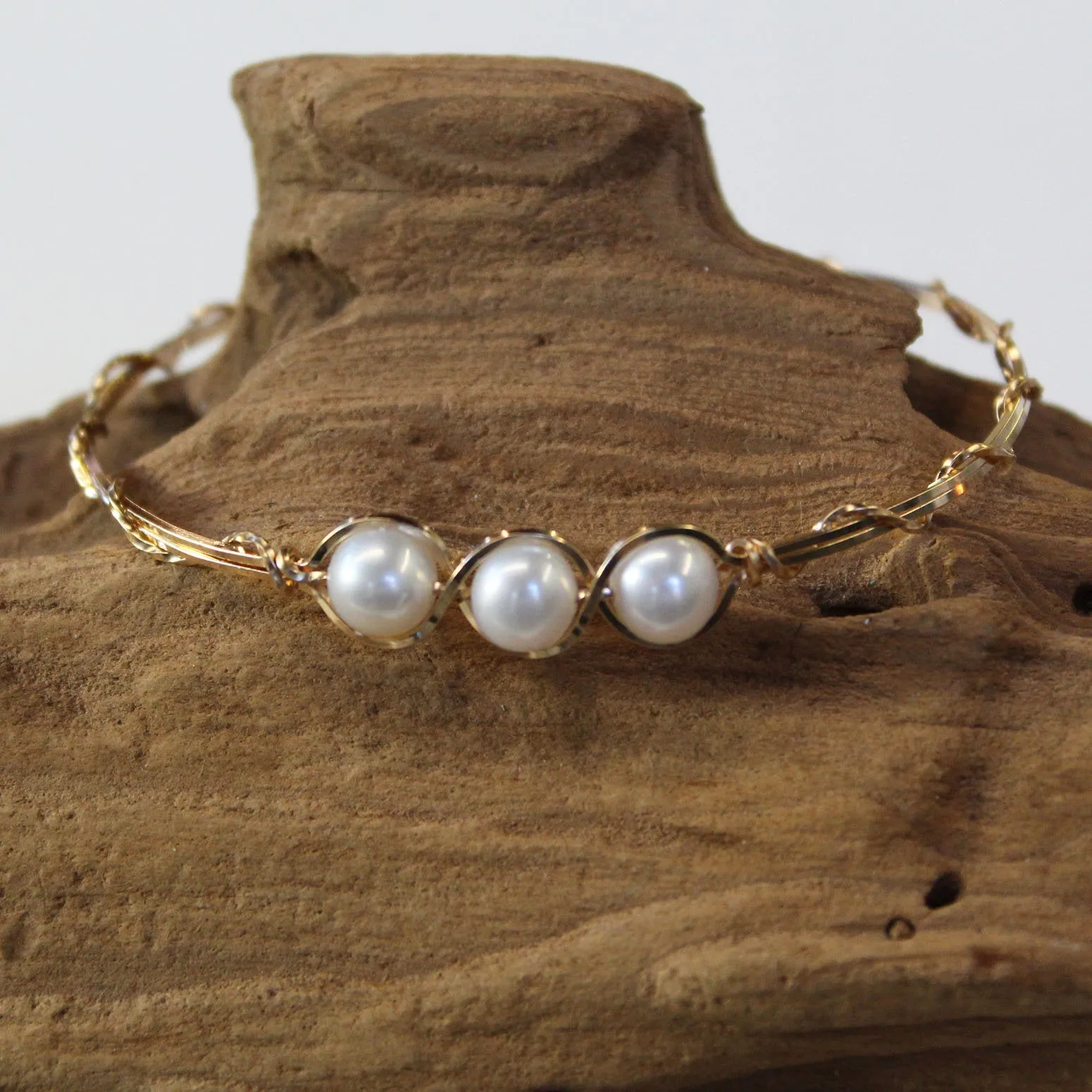 3-Bead Outline Freshwater Pearls Gold Filled Wire Wrapped Bracelet