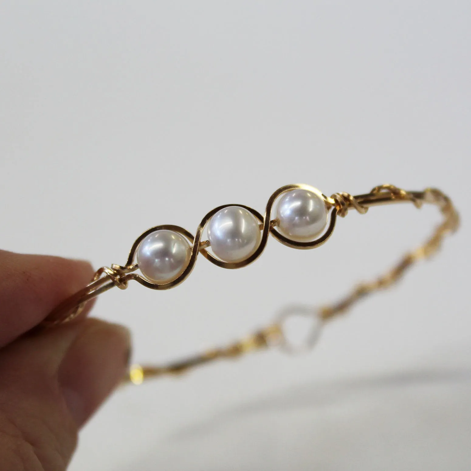 3-Bead Outline Freshwater Pearls Gold Filled Wire Wrapped Bracelet