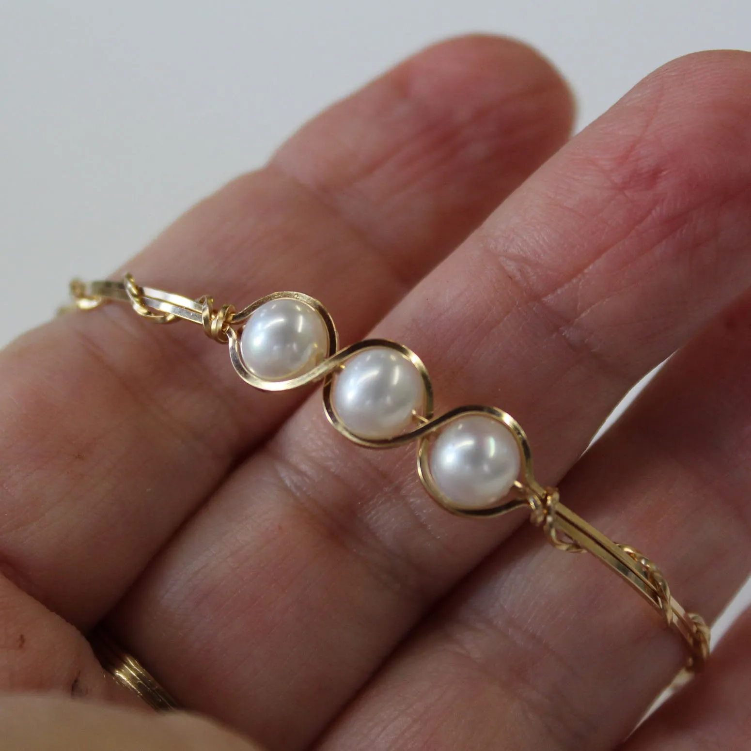 3-Bead Outline Freshwater Pearls Gold Filled Wire Wrapped Bracelet