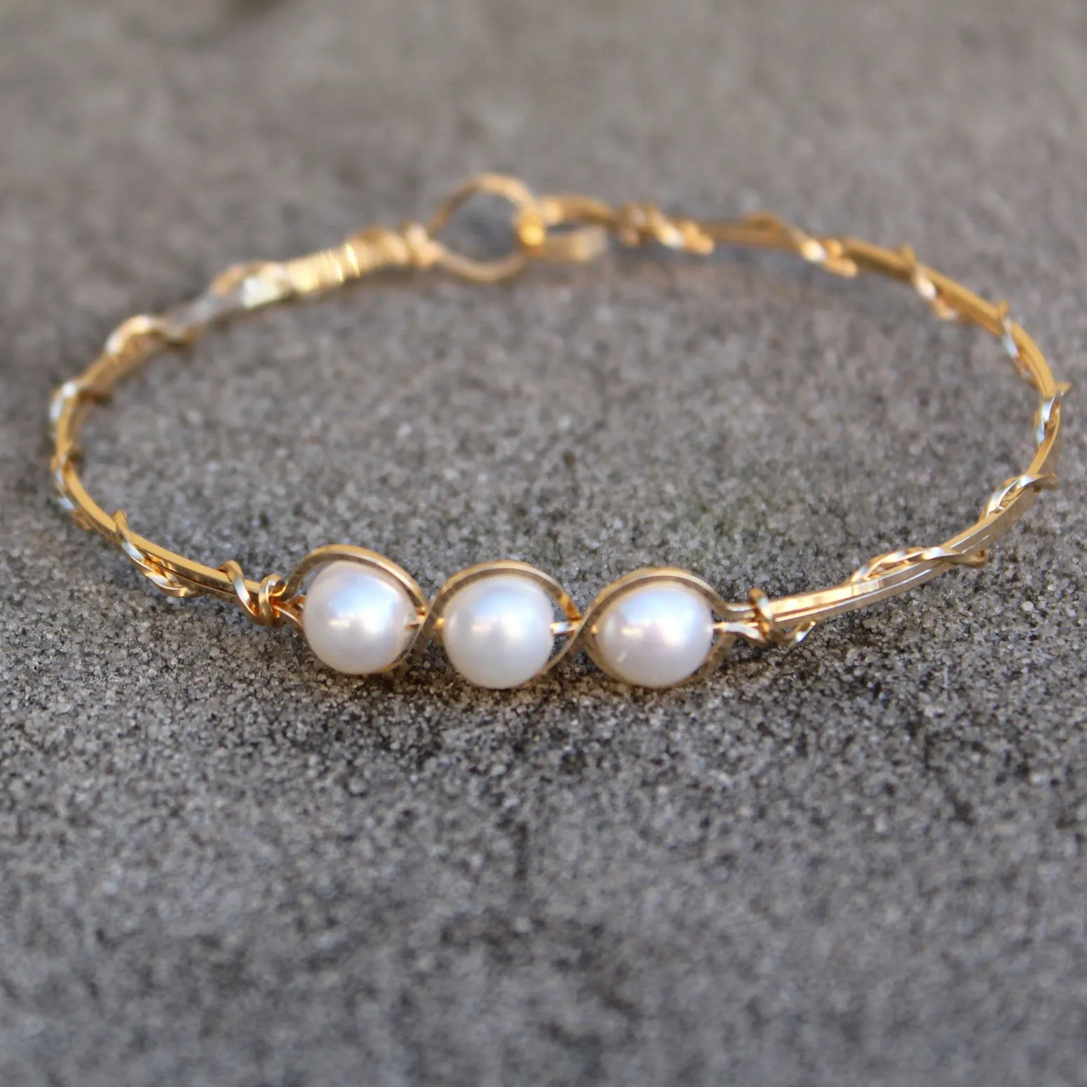 3-Bead Outline Freshwater Pearls Gold Filled Wire Wrapped Bracelet