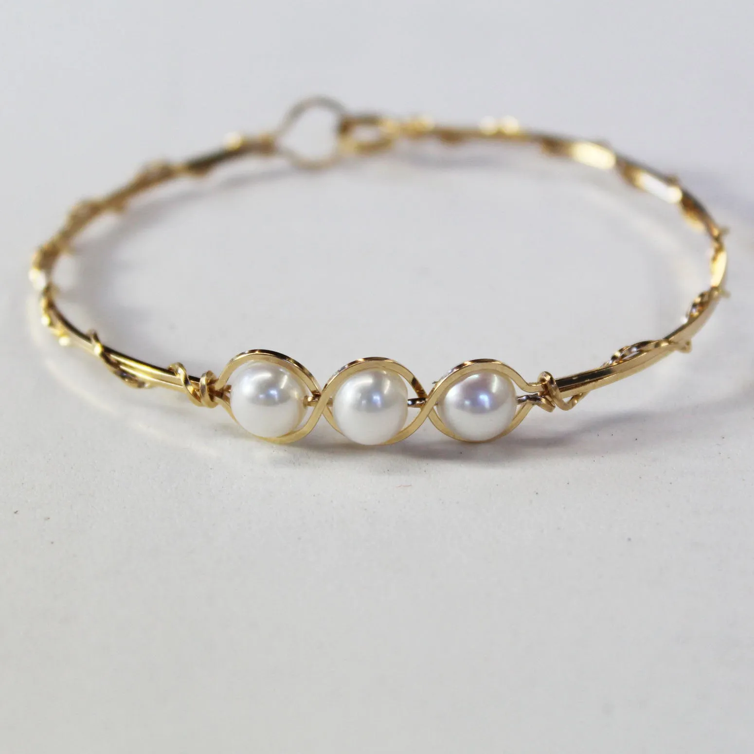 3-Bead Outline Freshwater Pearls Gold Filled Wire Wrapped Bracelet