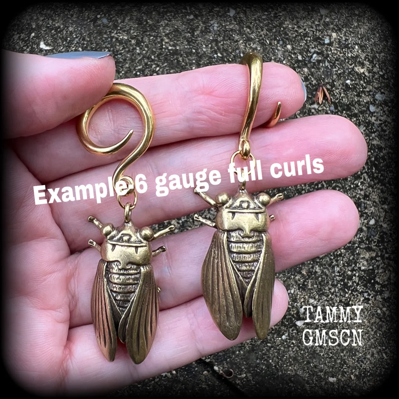 Brass cicada gauged earrings-Insect ear hangers