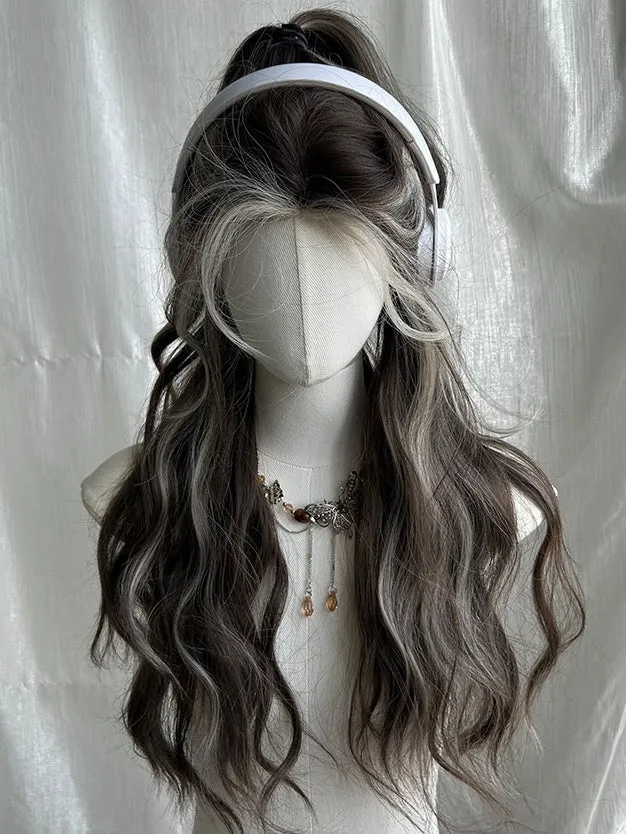 Brown And Blonde Highlights Long Wavy Synthetic Wig With Bangs