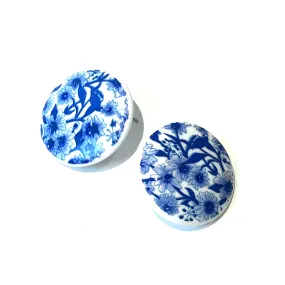 Cobalt Floral Retro Button Stud Earrings