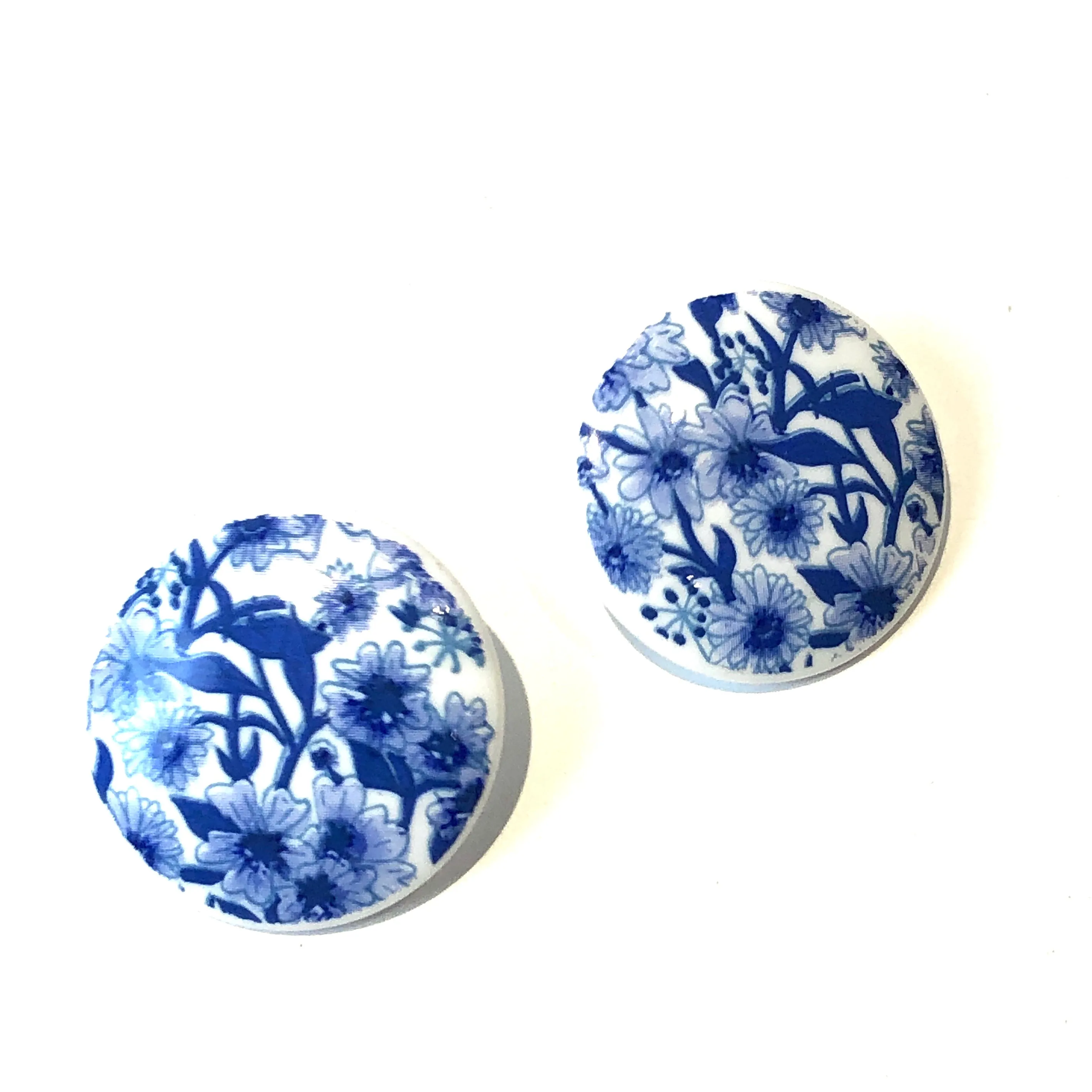 Cobalt Floral Retro Button Stud Earrings