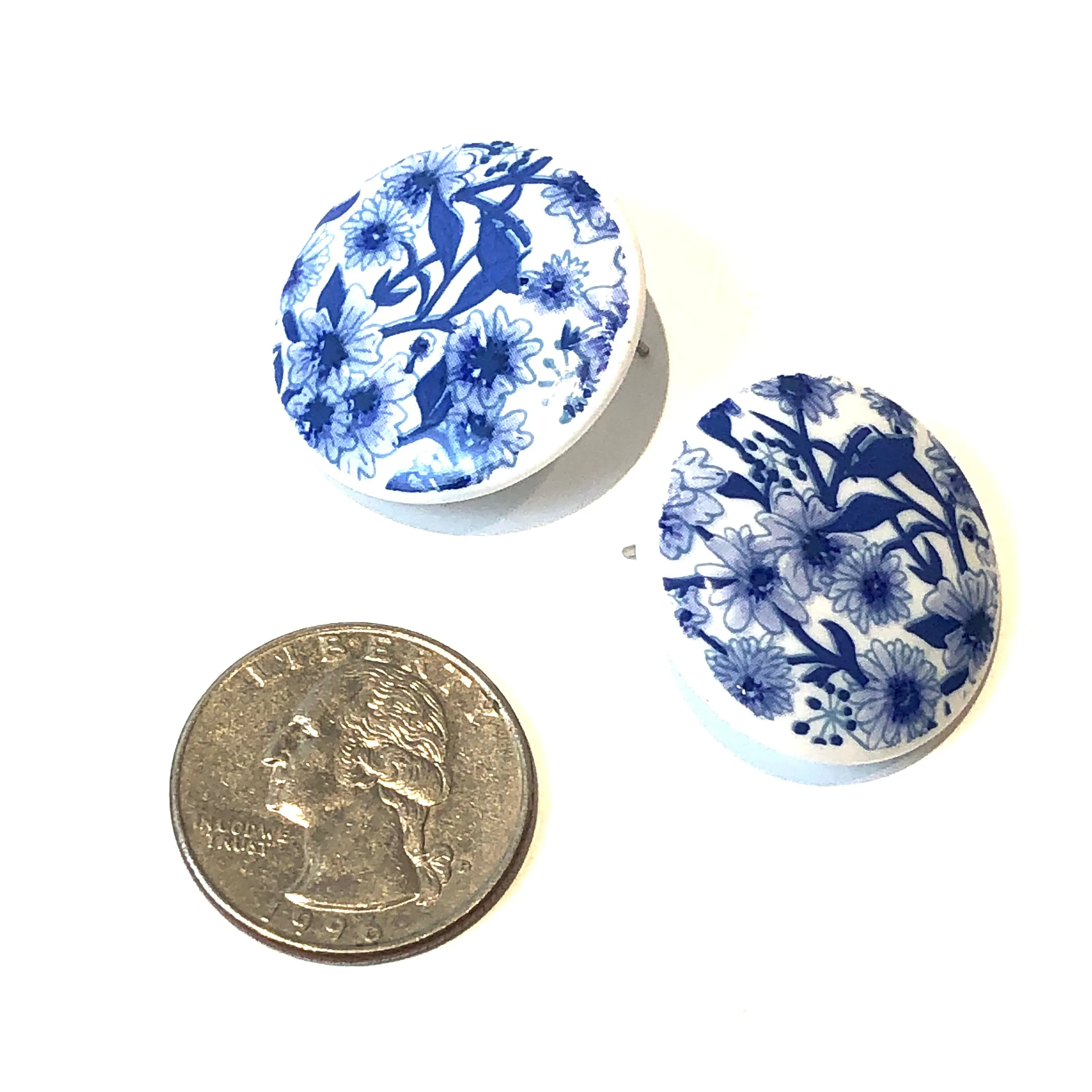 Cobalt Floral Retro Button Stud Earrings