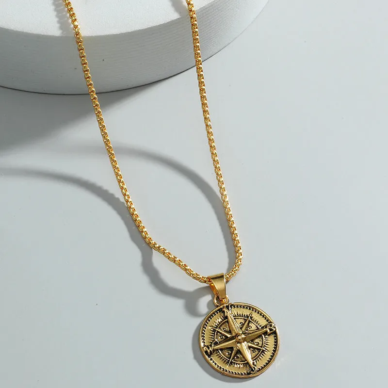 Compass Necklace European And American Personalized Metal Eight Awn Star Pendant Punk Retro Hipster Accessories