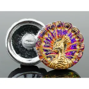 Czech Glass 18mm Round Peacock Purple and Pink and Orange Iridescent with Gold Wash and Gold Paint Button by Raven's Journey