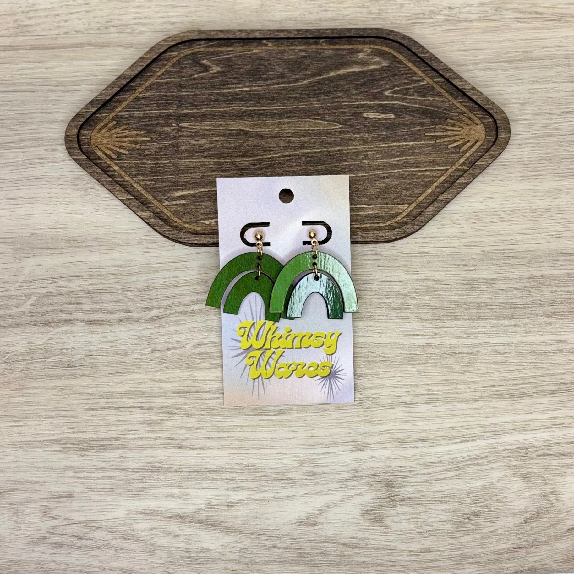 Dark Green - Double Arch Dangle - Wood Earrings