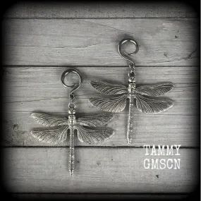 Dragonfly gauged earrings-Insect ear hangers