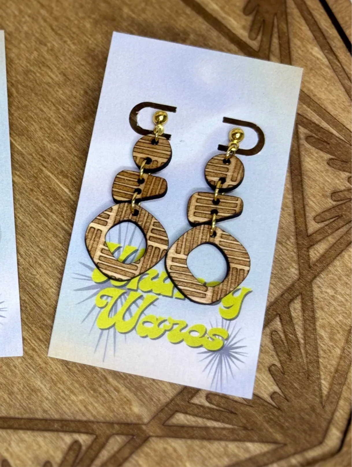 Engraved Chunky Lines Triple Dangles - Natural Wood Earrings