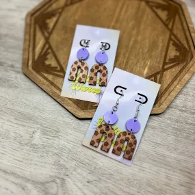 Engraved Flower Arch & Lilac Double Dangles - Natural Wood & Acrylic Earrings