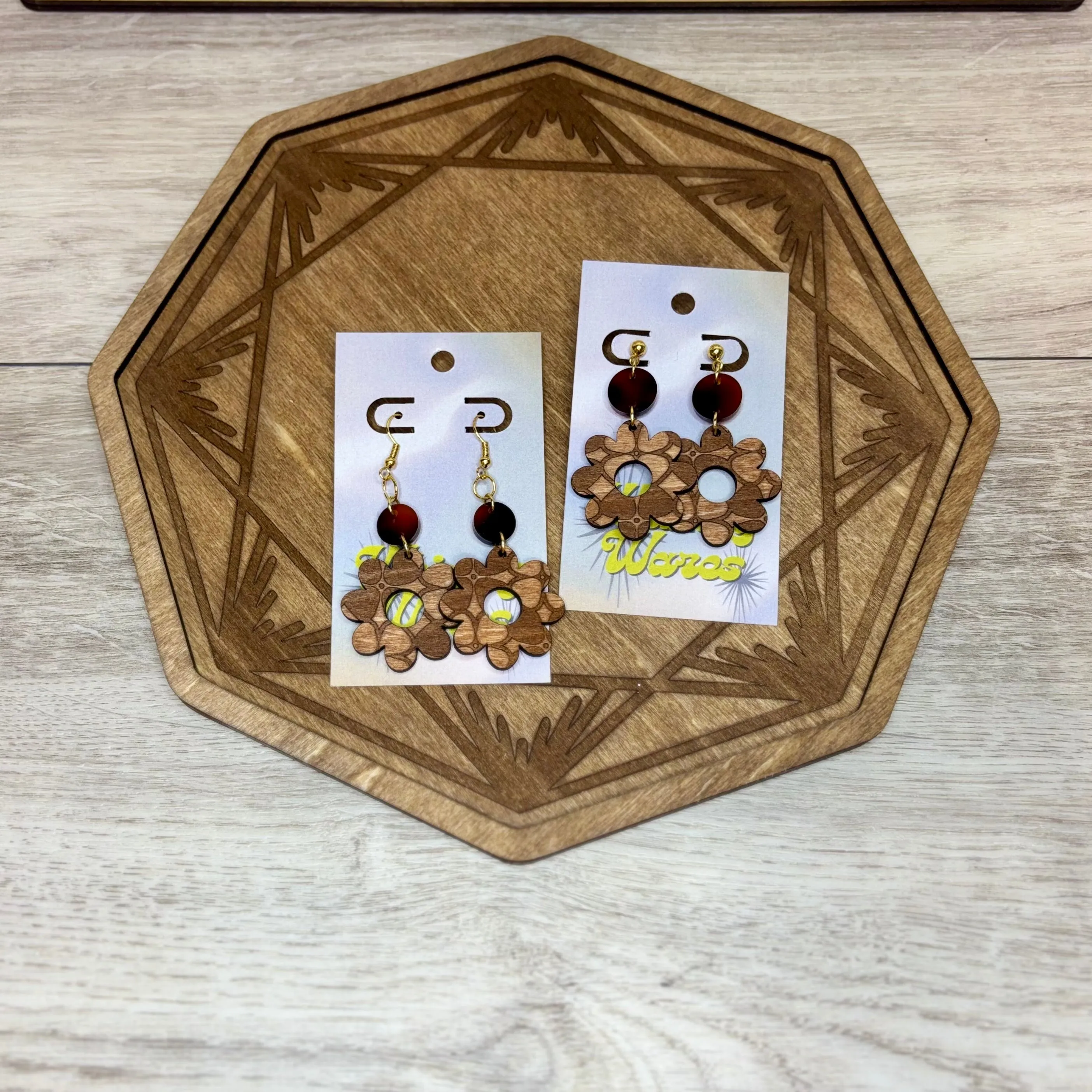 Engraved Flower Double Dangles - Natural Wood & Acrylic Earrings