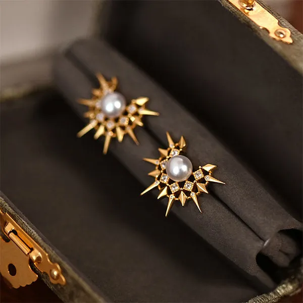 French Retro Sun Silver Pearl Earrings