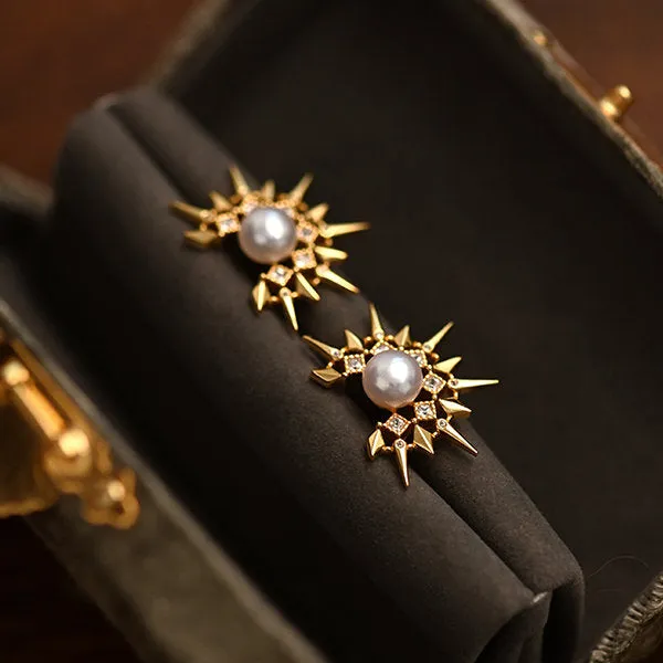 French Retro Sun Silver Pearl Earrings
