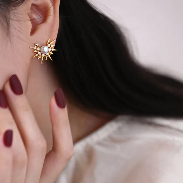 French Retro Sun Silver Pearl Earrings