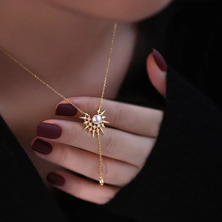 French Retro Sun Silver Pearl Necklace