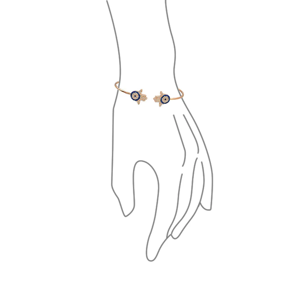 Hamsa Hand Evil Eye Charm Bolo Bracelet Cubic Zirconia Sterling Silver