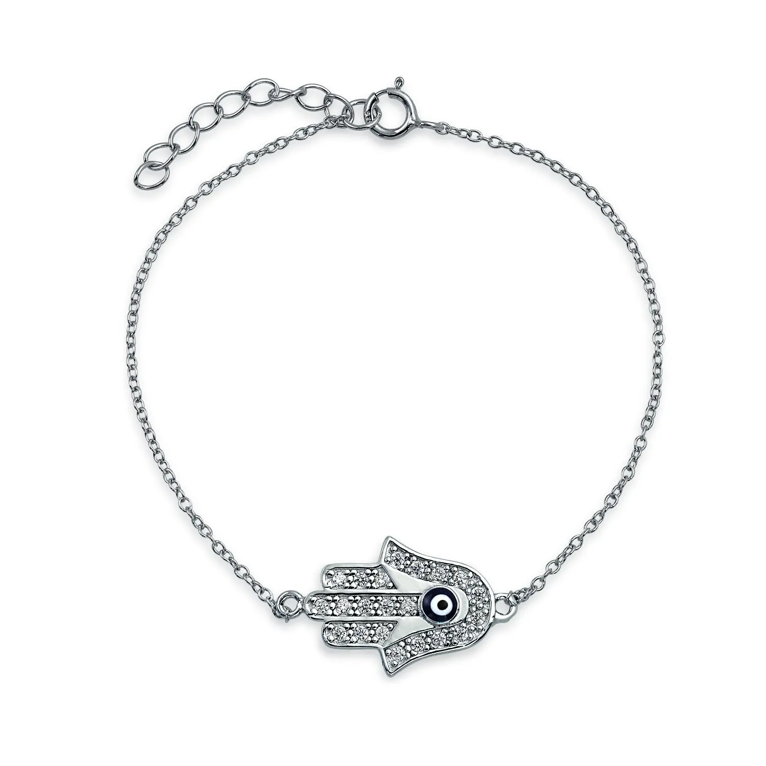 Hamsa Hand Evil Eye Charm Bolo Bracelet Cubic Zirconia Sterling Silver