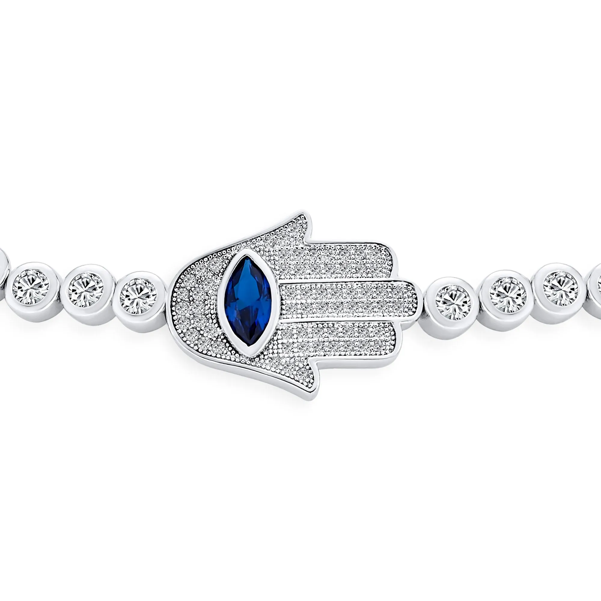 Hamsa Hand Evil Eye Charm Bolo Bracelet Cubic Zirconia Sterling Silver