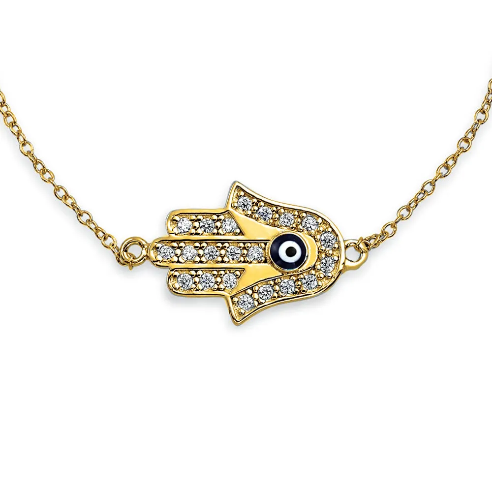 Hamsa Hand Evil Eye Charm Bolo Bracelet Cubic Zirconia Sterling Silver