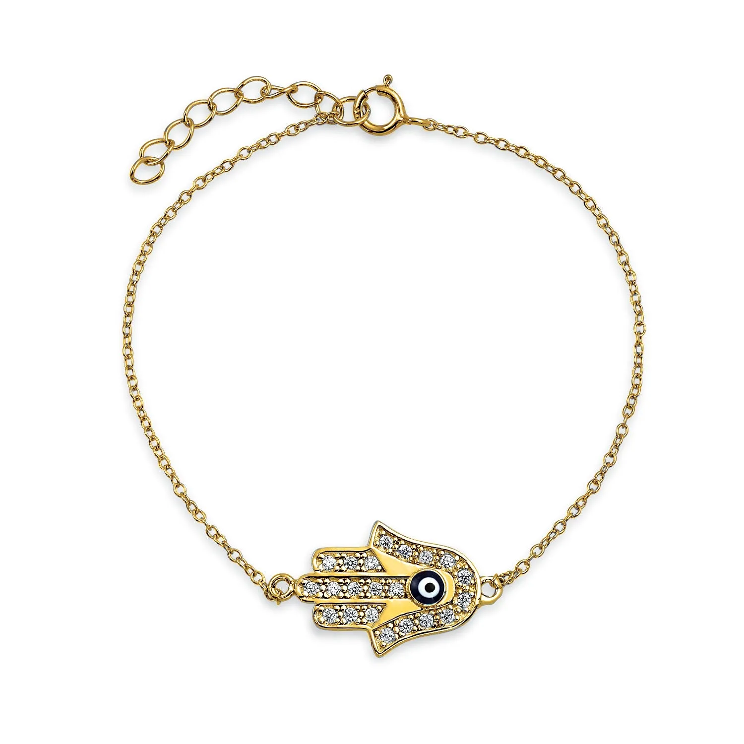 Hamsa Hand Evil Eye Charm Bolo Bracelet Cubic Zirconia Sterling Silver