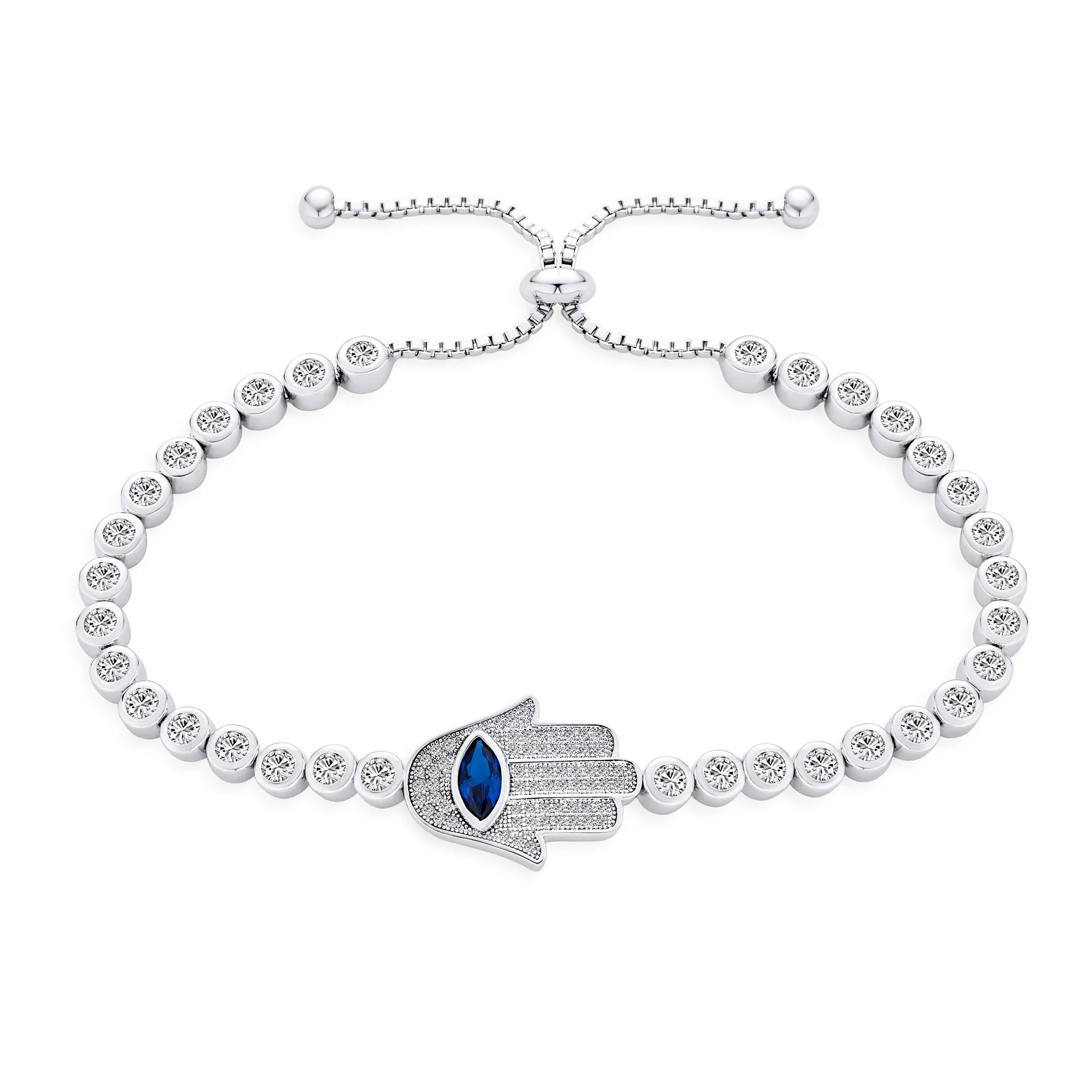 Hamsa Hand Evil Eye Charm Bolo Bracelet Cubic Zirconia Sterling Silver