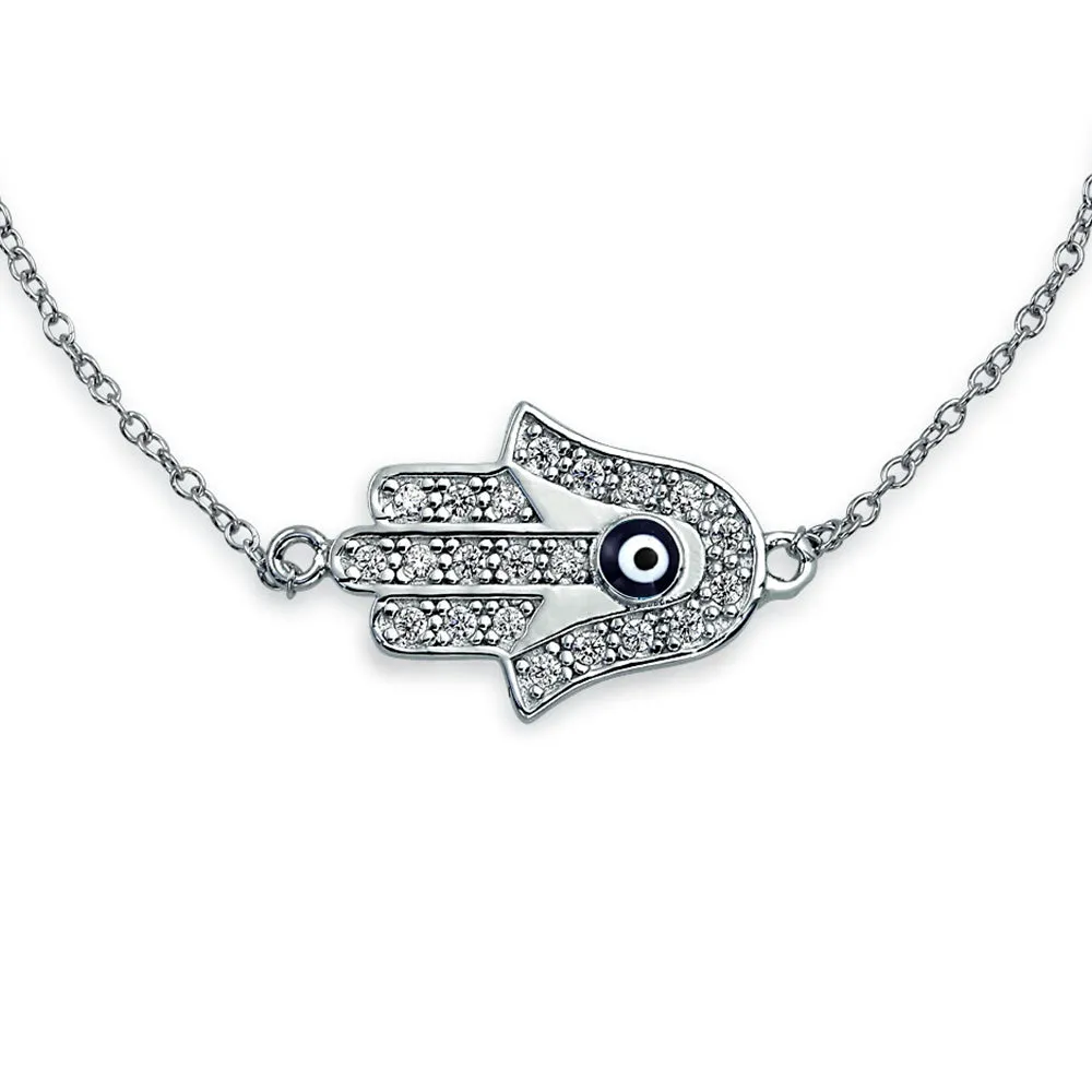 Hamsa Hand Evil Eye Charm Bolo Bracelet Cubic Zirconia Sterling Silver
