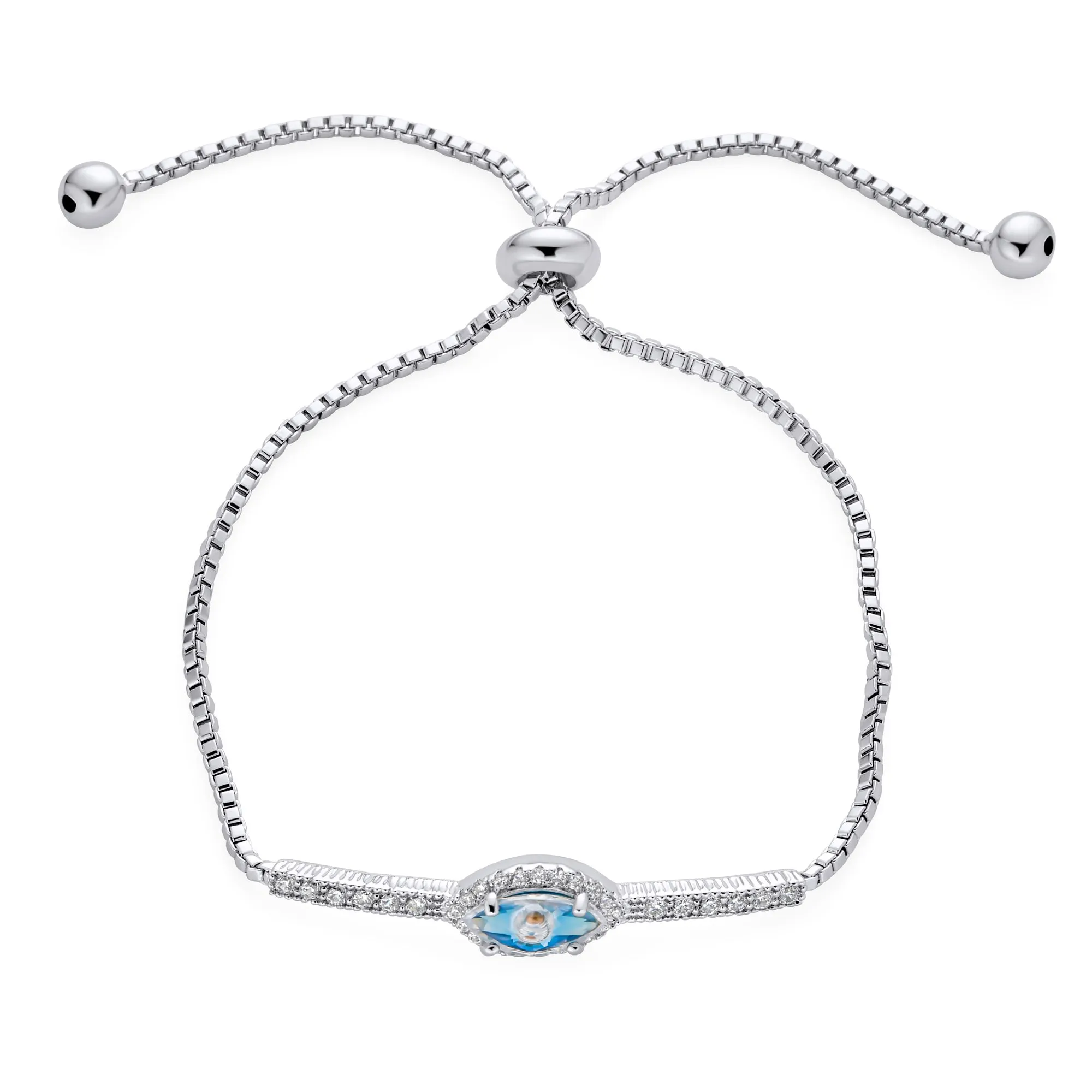 Hamsa Hand Evil Eye Charm Bolo Bracelet Cubic Zirconia Sterling Silver