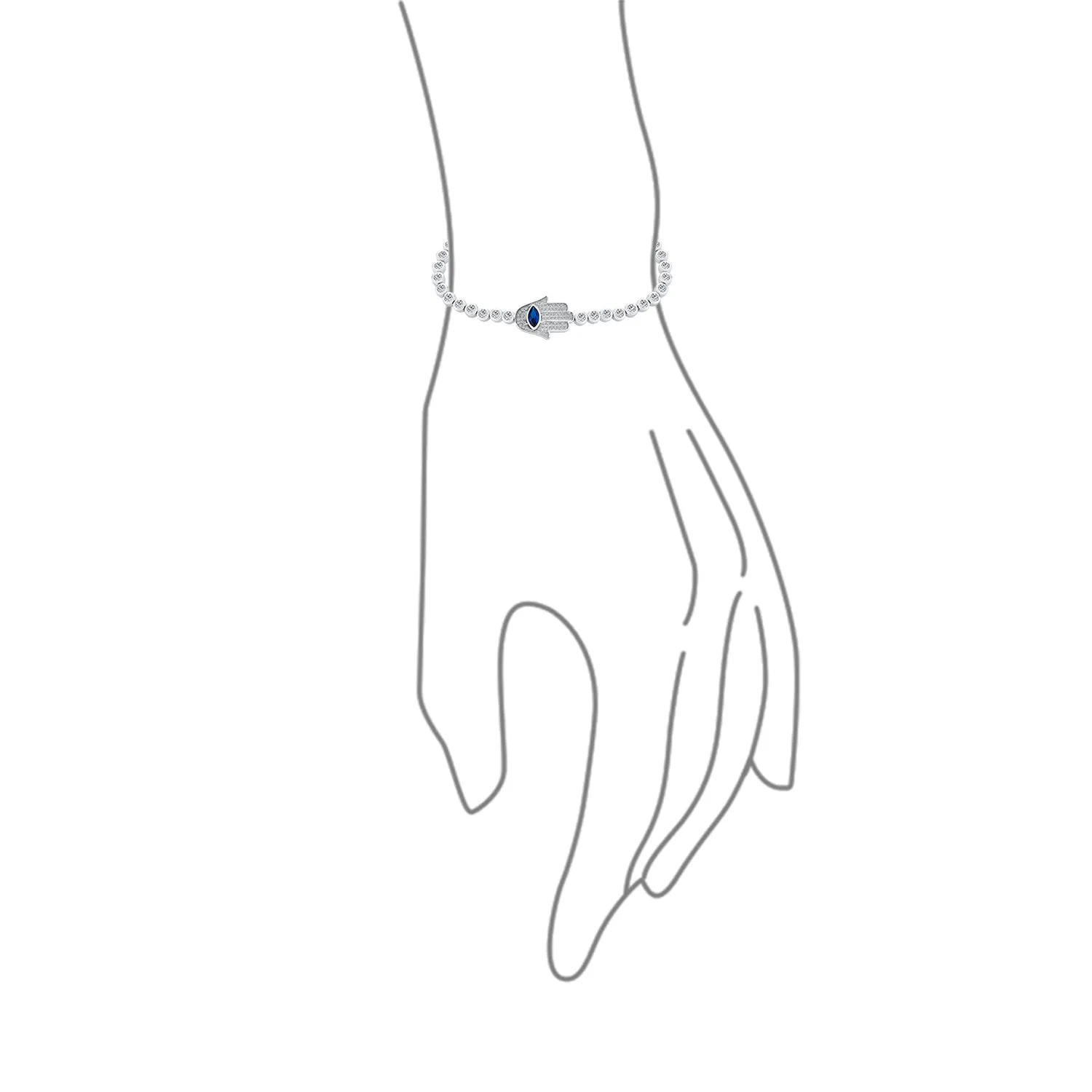 Hamsa Hand Evil Eye Charm Bolo Bracelet Cubic Zirconia Sterling Silver