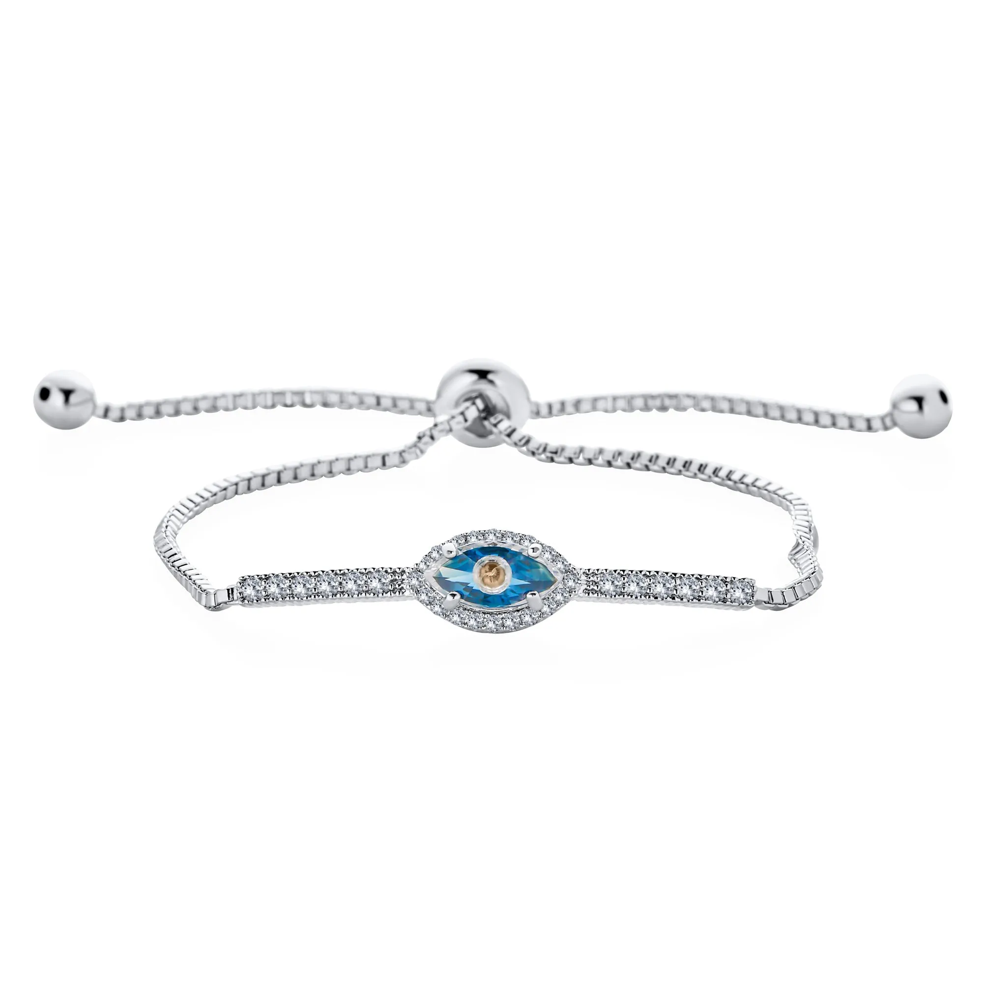 Hamsa Hand Evil Eye Charm Bolo Bracelet Cubic Zirconia Sterling Silver
