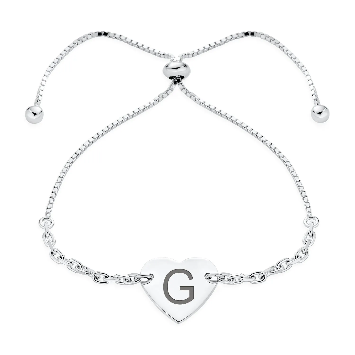 Identification ID Tag Initial A-Z Heart Bolo Bracelet Sterling Silver