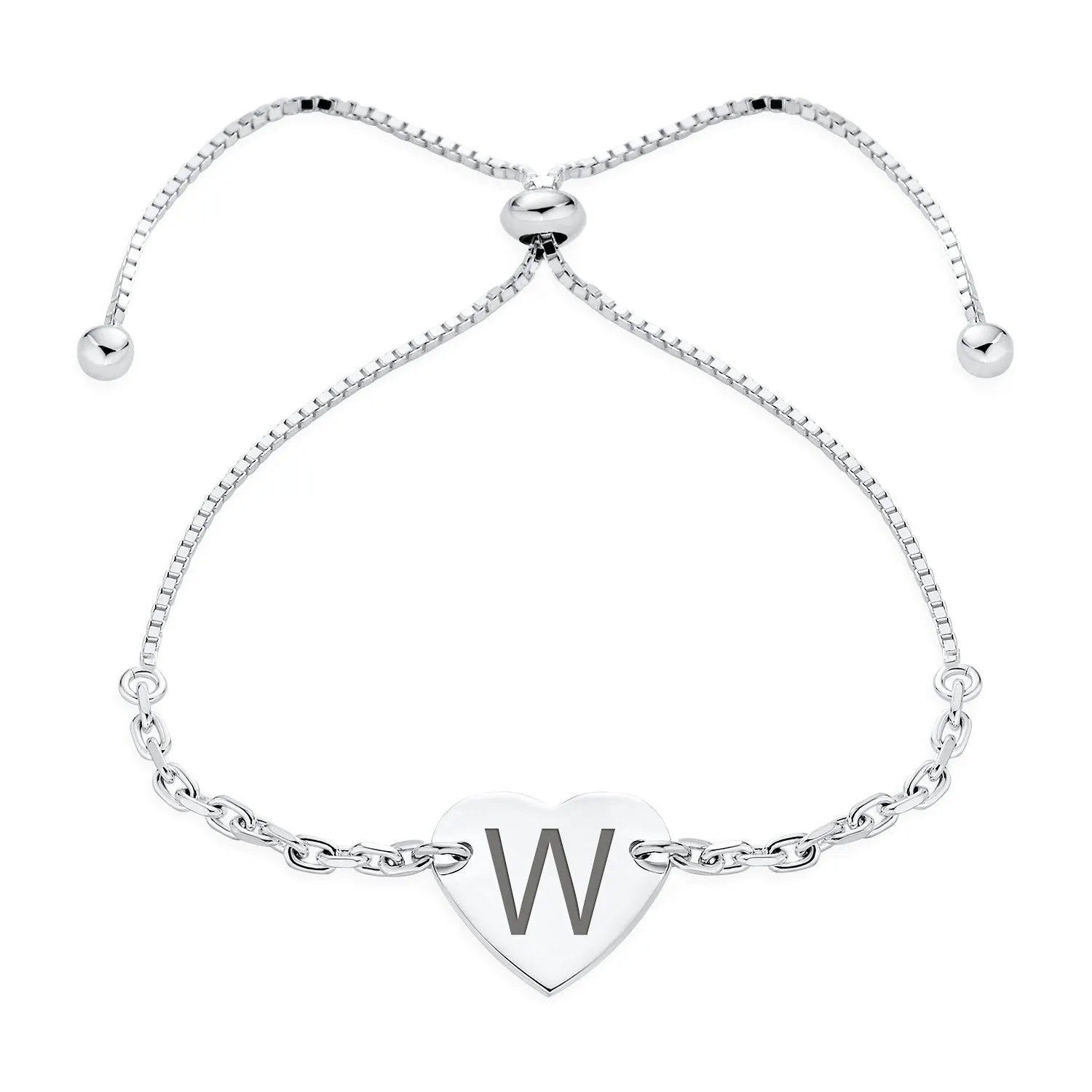 Identification ID Tag Initial A-Z Heart Bolo Bracelet Sterling Silver