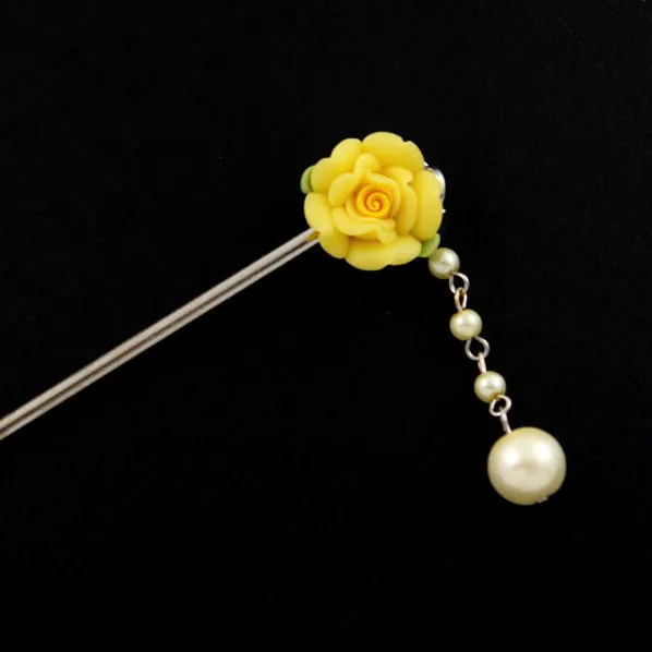 Polymer Rose Hair Stick with Detachable Pearl Tassel