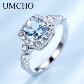 UMCHO  Real S925 Sterling Silver Rings for Women Blue Topaz Ring Gemstone Aquamarine Cushion  Romantic Gift Engagement Jewelry