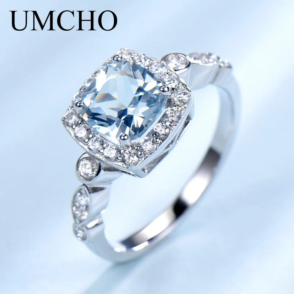 UMCHO  Real S925 Sterling Silver Rings for Women Blue Topaz Ring Gemstone Aquamarine Cushion  Romantic Gift Engagement Jewelry